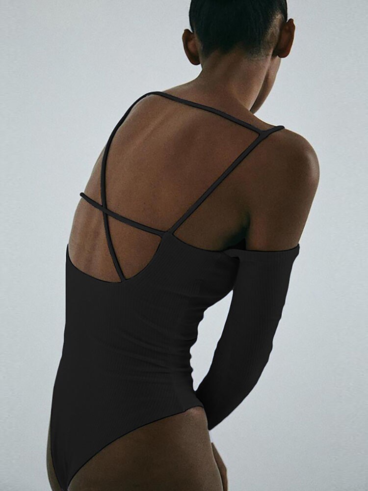 Edgy  Crisscross Straps Black  Body Suit