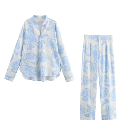 Sky-Blue Floral Two-Piece Shirt & Trousers Set