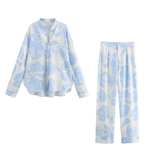 Sky-Blue Floral Two-Piece Shirt & Trousers Set