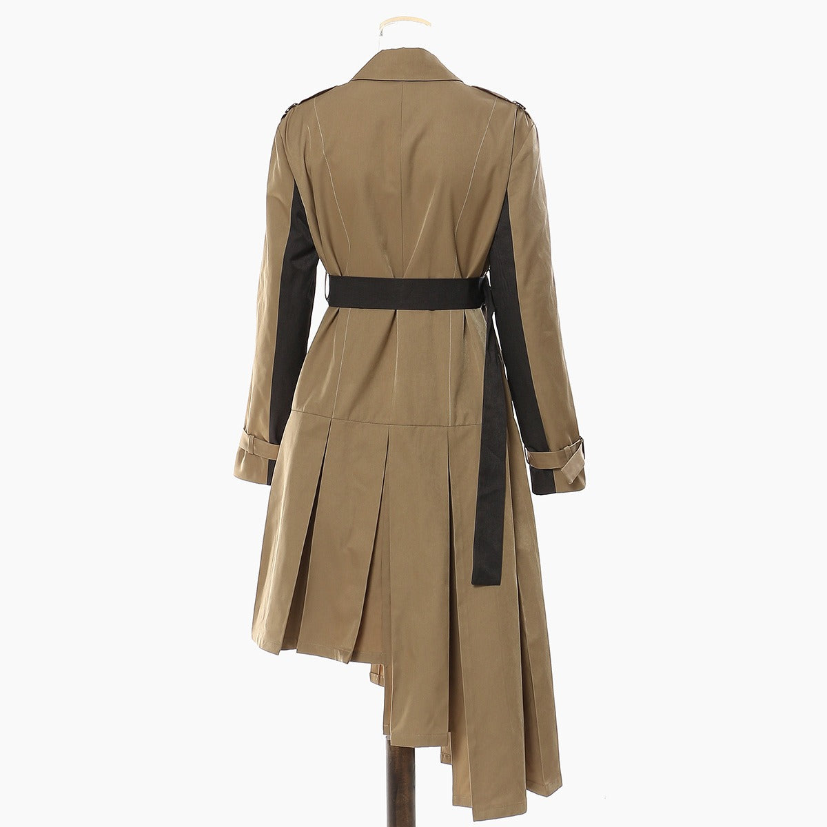 Edgy Medium Length Belted Long Sleeved Coat with an Assymetric Pleated Skirt