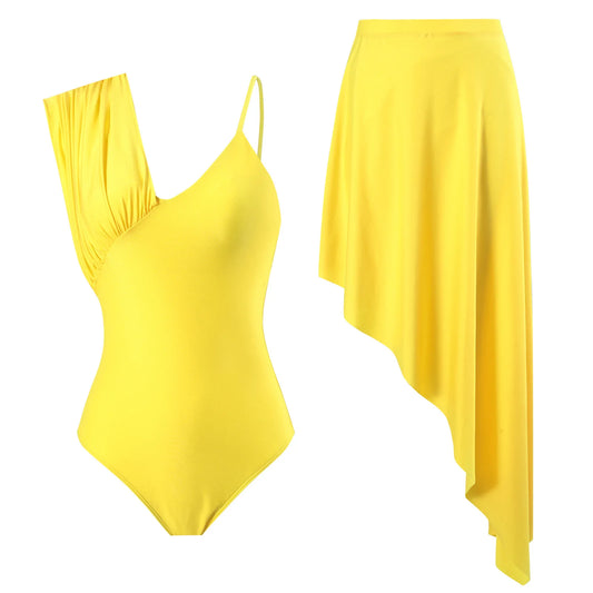 Golden Hour One-Shoulder Swimsuit & Asymmetric Skirt Set