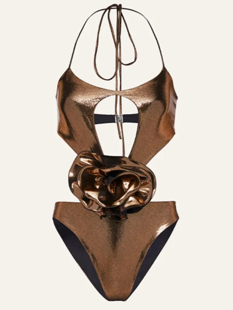 Metallic Gold Cut-Out Swimsuit with Oversized Rose Detail