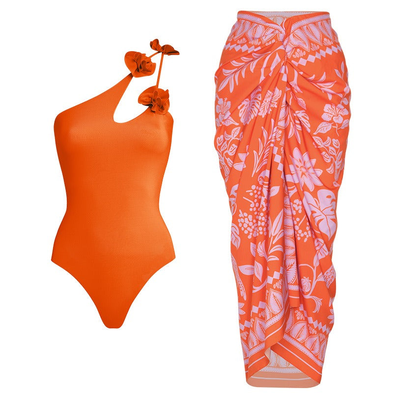 Floral Bloom One Shoulder Swimsuit & Sarong Set – Tropical Orange