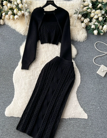 Skinny Knitted Three Pieces Suits Cardigan Long Sleeves Smock+Tank Tops+Bodycon Skirt