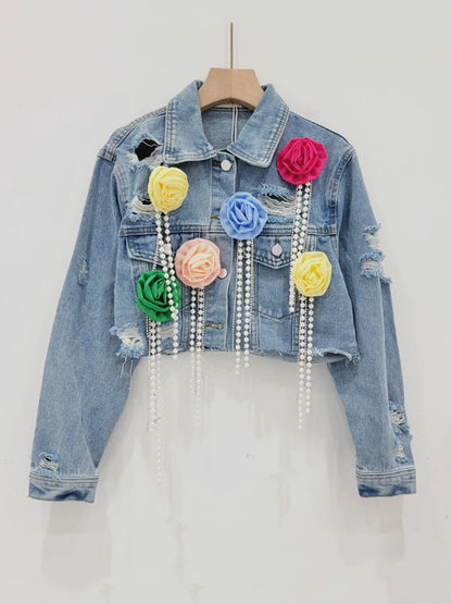 Trendy Torn Denim Jacket with Colorful Flowers and Diamonds Tassel Design Details