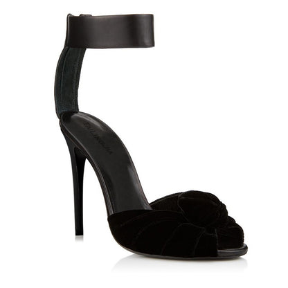 Velvet Rosette Ankle-Strap Stiletto Sandals
