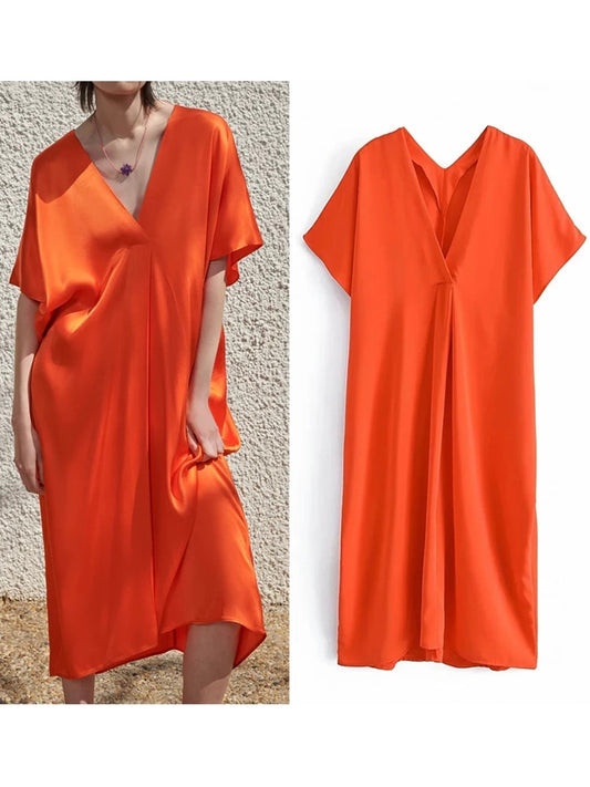 TRAF Summer Woman Dresses Orange Satin Long Dress Women  Short Sleeve Oversize Midi Tunic Dress Ruched Casual Dresses