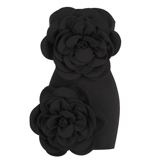 Stunning Strapless Figure Hugging Mini Dress Adorned with 3 D  Flowers