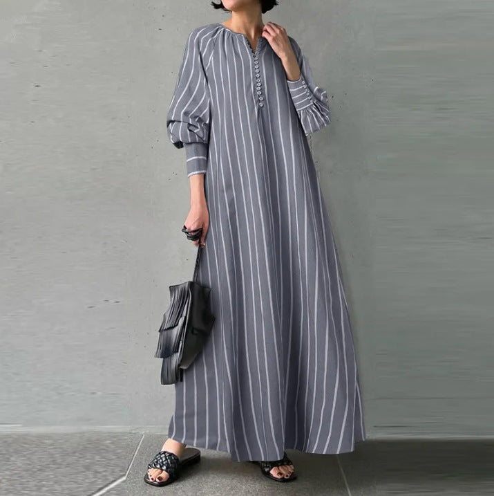 Cotton and Linen Striped Round Neck Long Sleeved Dress