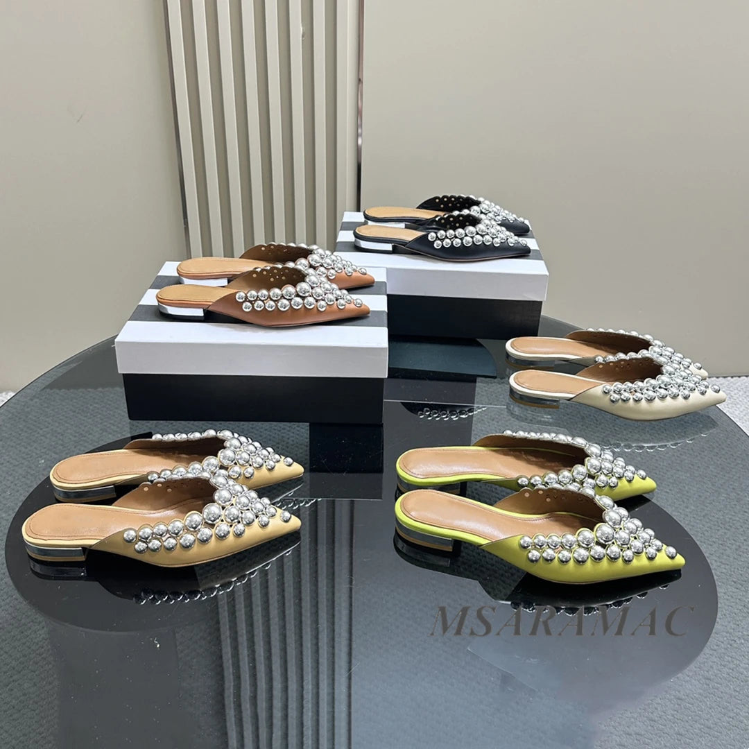 Aurora Silver-Studded Pointed-Toe Mule Flats