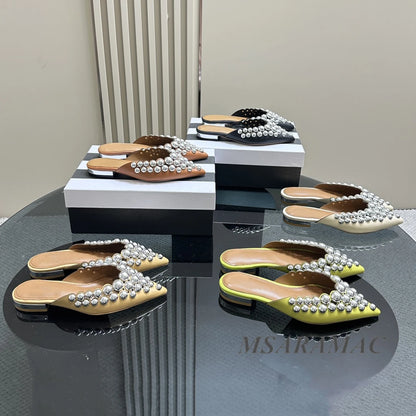 Aurora Silver-Studded Pointed-Toe Mule Flats