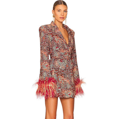 Elegant V-neck Floral Mini Dress with Decorative Feathers at Cuffs