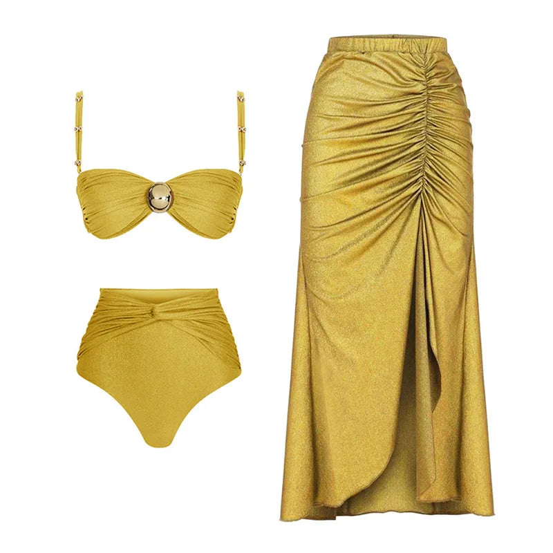 Golden Hour Glam Bikini Set with Matching Ruched Skirt