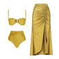 Golden Hour Glam Bikini Set with Matching Ruched Skirt