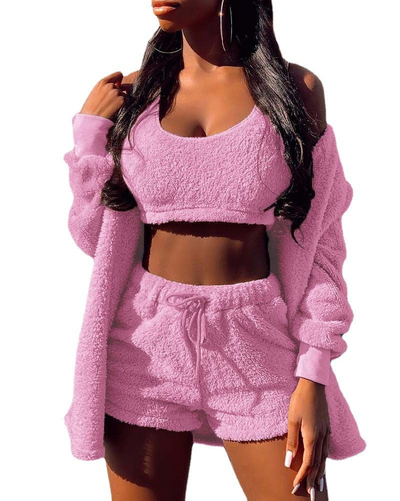 Women's Warm Fluffy Shorts Top, and Cardigan Set