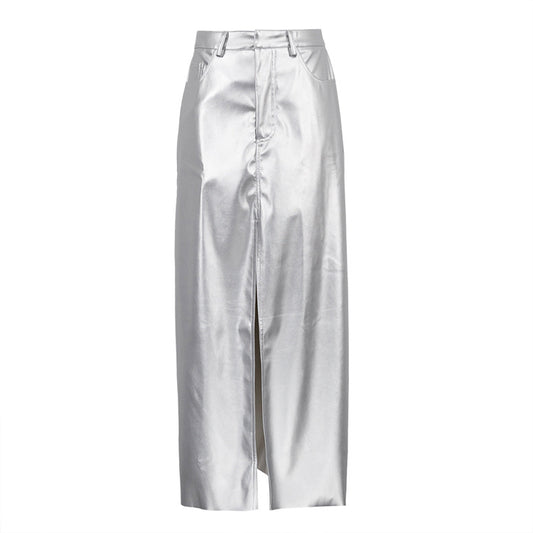 Silver Faux Leather High Waisted Ankle Length Skirts with Front Slit