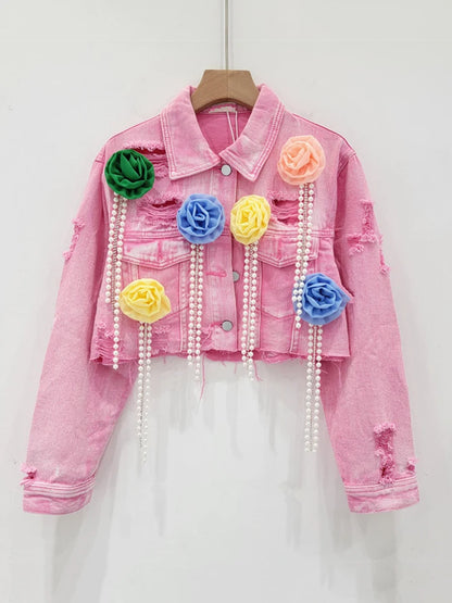 Trendy Torn Denim Jacket with Colorful Flowers and Diamonds Tassel Design Details