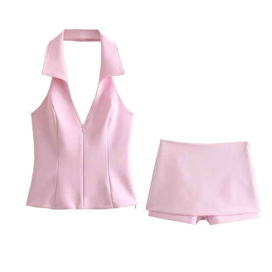 “Blush Breeze” Collar Halter Top & Skort Co-ord Set
