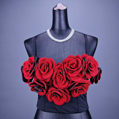 Thin Strap Corseted Top with 3D Rose Flowers Design Details