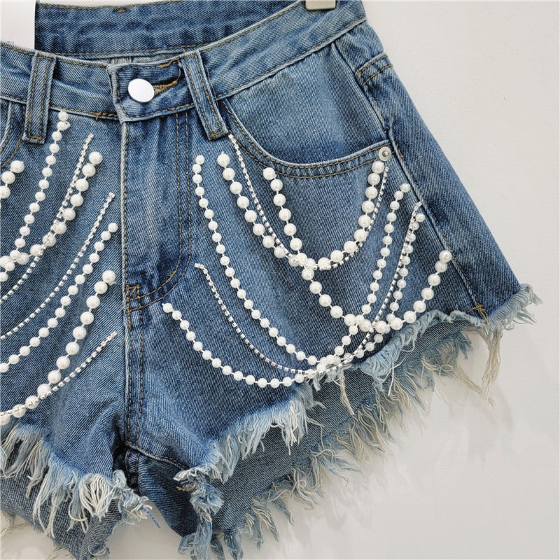 High waisted  Denim Short Shorts  With Beaded Rhinestone