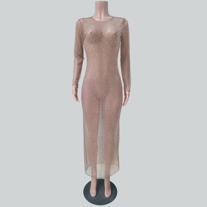 Fashionable Diamond Adorned Long Sleeved Net Dress