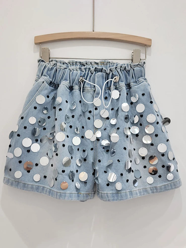 Women's Denim Short Elastic High Waist Wide Leg Loose Big Sequins Beading Short Pants  Summer New Fashion