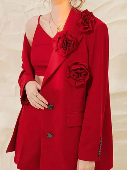 Red Floral Appliqué Blazer – Fierce Femininity, Tailored to Bloom