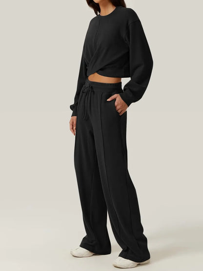 Twist-Front Pastel Knit Lounge Set – Cozy Crewneck Sweater & Drawstring Wide-Leg Pants