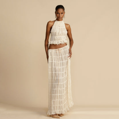 Off White Backless Chiffon Halter Crop Top, Paired With Long Chiffon Pleated Skirt, Two-piece Set