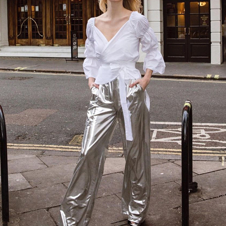 Futuristic Metallic-Silver Cargo Trousers