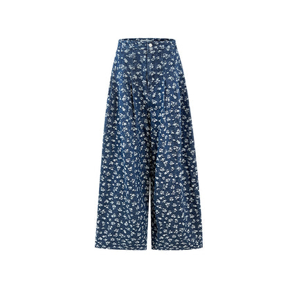 High-Rise Floral-Print Wide-Leg Denim Jeans