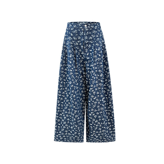 High-Rise Floral-Print Wide-Leg Denim Jeans
