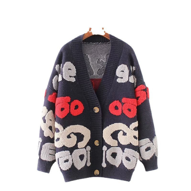 Edgy Loose Style V-neck Cardigan With Letter Designs.