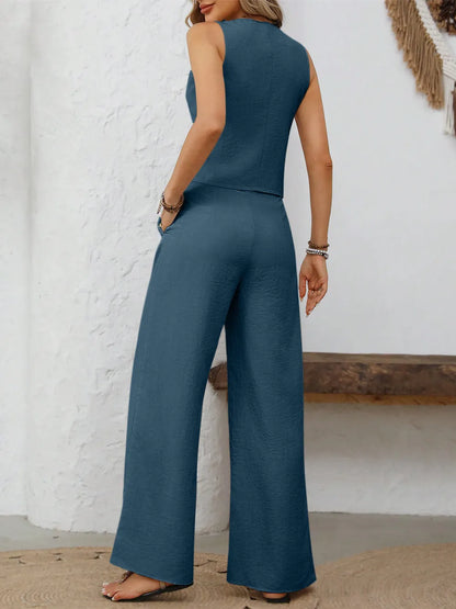 Button-Front Vest & Wide-Leg Drawstring Pant Two-Piece Set