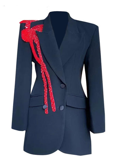 Slim Blazer For Women Notched Collar Long Sleeves with Red Beaded Designer Detailing