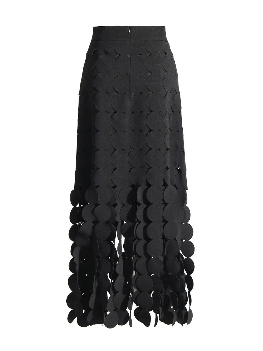 High Waisted Skirt with Circular Spliced Fringe