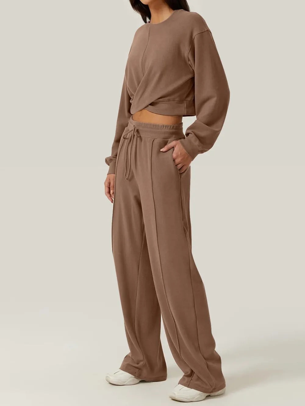 Twist-Front Pastel Knit Lounge Set – Cozy Crewneck Sweater & Drawstring Wide-Leg Pants