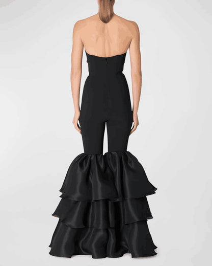 Dramatic Strapless Form Fitting Jumpsuit With Layered Bottom