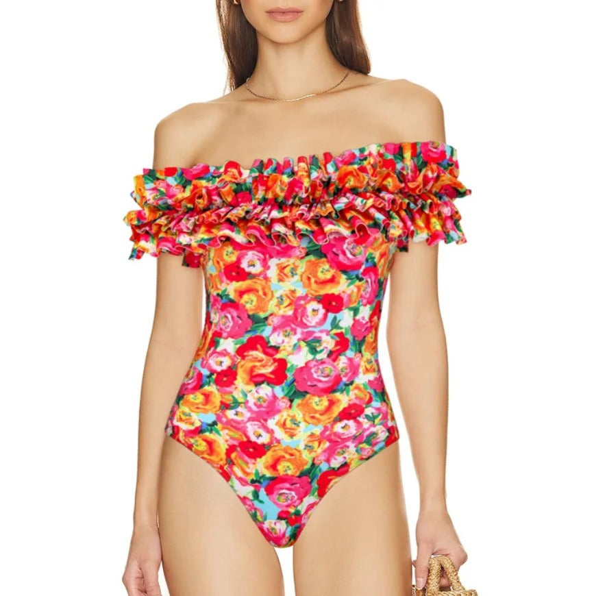 Retro Style Floral One-piece  Swimsuit and Matching Skirt