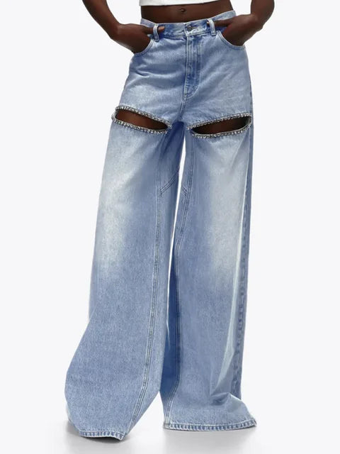 Women's Straight Wide Leg  Denim Pants With Thigh Cut-Outs and  Rhinestone Designer Details