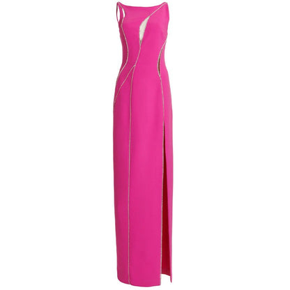 Long Women Evening Dress Round Neck Sleeveless with Rhinestone and  Cut-Out  Design Details