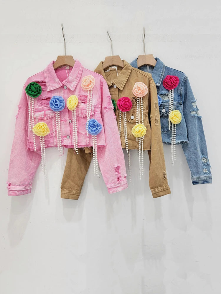 Trendy Torn Denim Jacket with Colorful Flowers and Diamonds Tassel Design Details