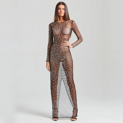 Fashionable Diamond Adorned Long Sleeved Net Dress