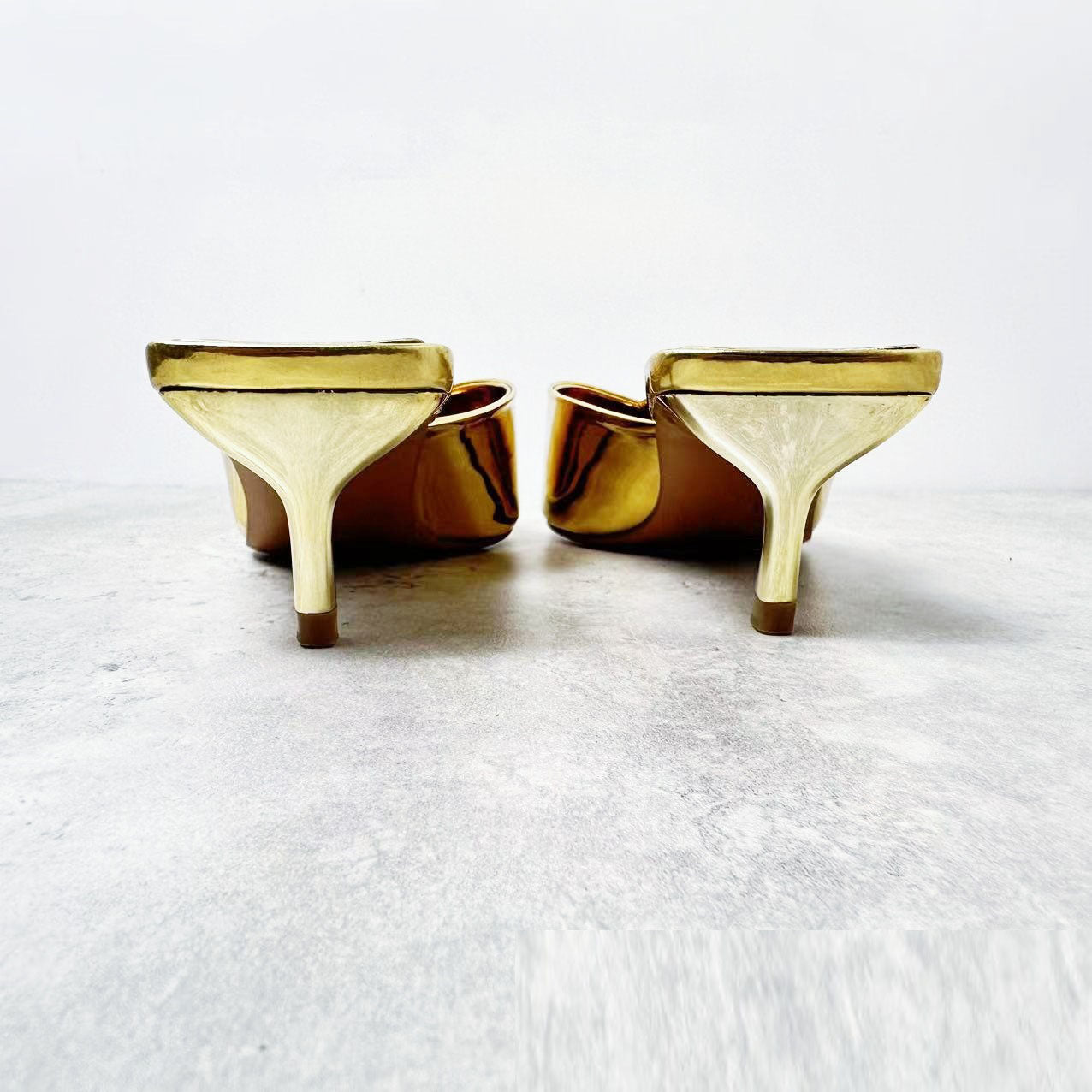 “Liquid Gold” Mirror Metallic Pointed-Toe V-Mule Flats