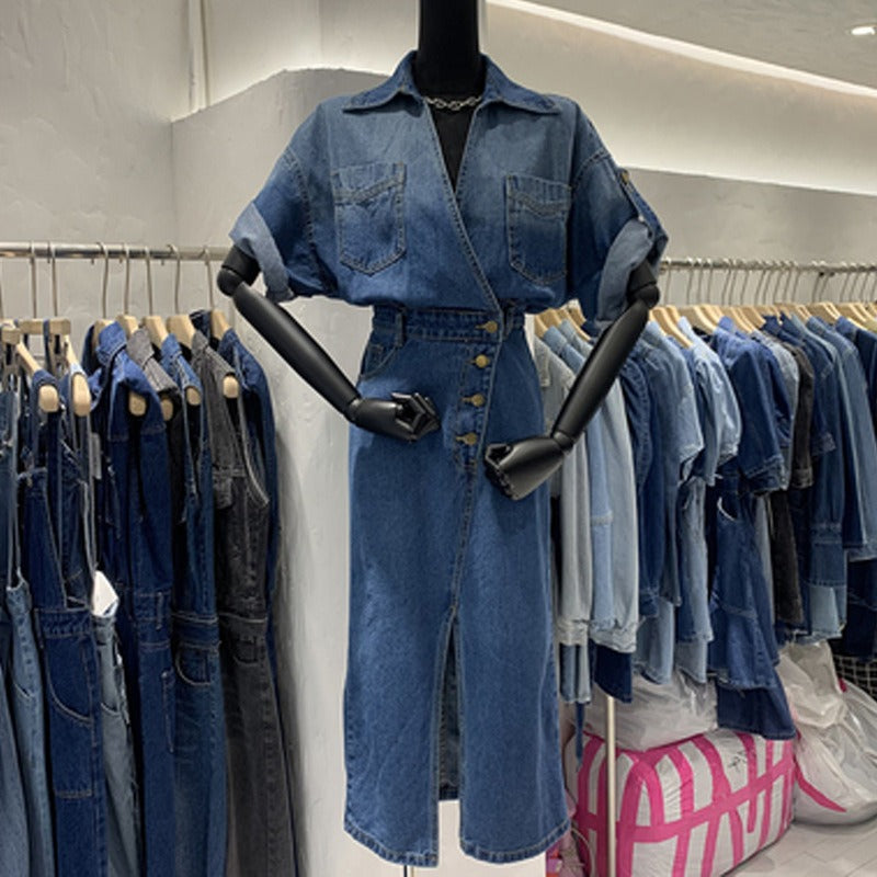 Stylish V-neck retro design denim dress for women