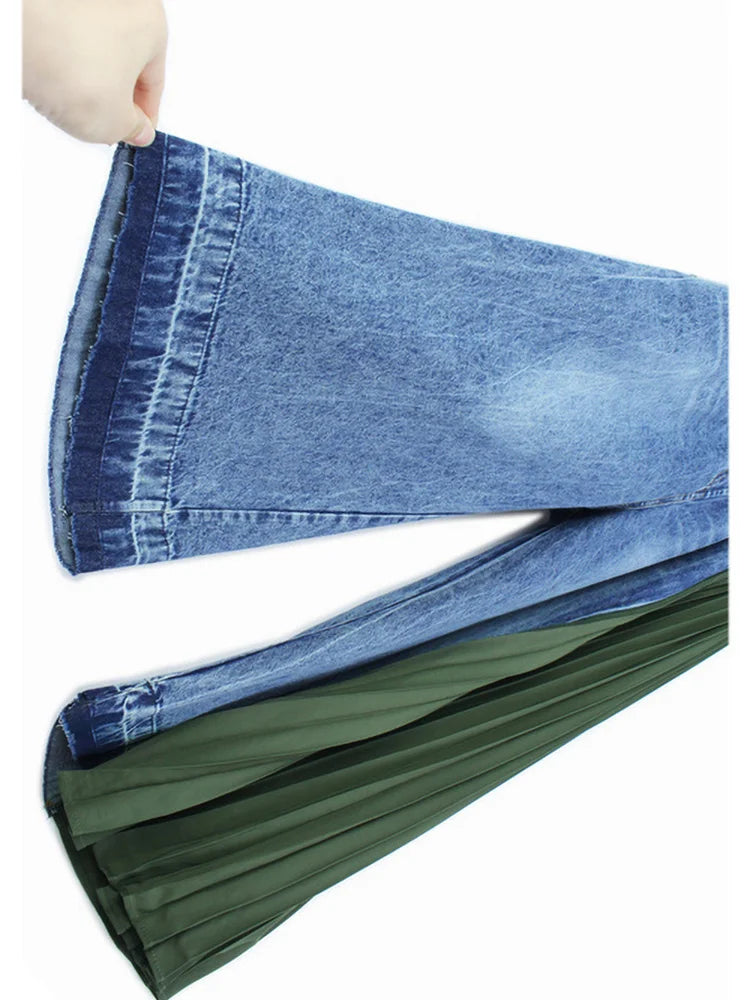 Elastic Waist Denim Pleated Wide Leg Pants