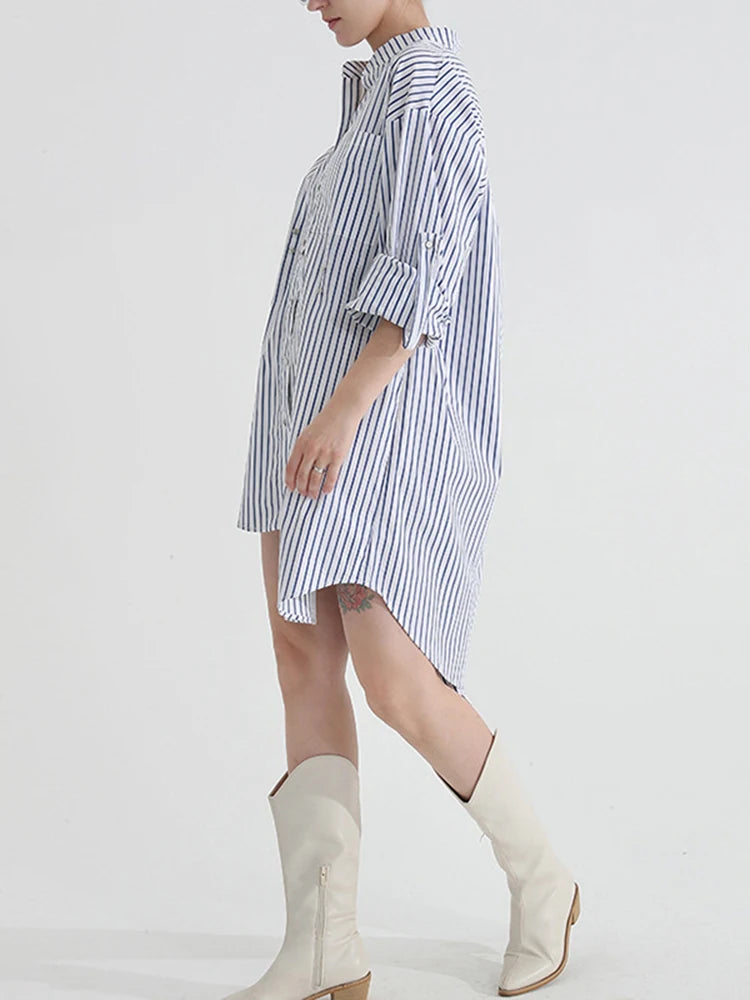 Asymmetrical Striped Mini Shirt  Dress