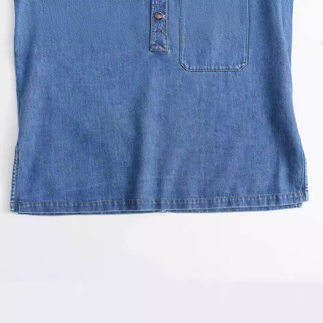Denim Two-Piece Set: Pullover Shirt & Wide-Leg Wide-Leg Pants