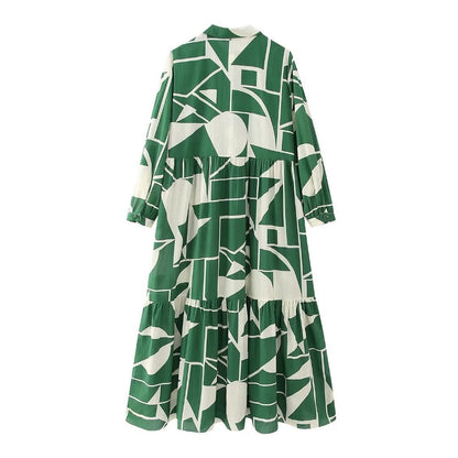 Beautiful Green Front Buttoned  Long Print Chiffon Dress