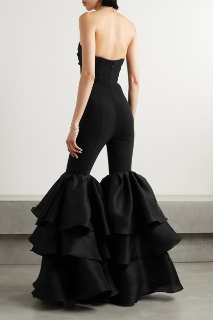 Dramatic Strapless Form Fitting Jumpsuit With Layered Bottom